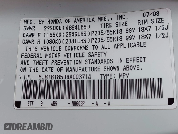 2009 Acura RDX Technology with VIN 5J8TB18509A003714, listed as a IAAI auction lot 42135170 with 195,040 mi miles and . Bid and sale history available at carsss.com. Image 9.
