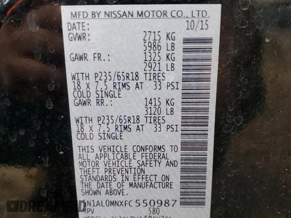 2015 Infiniti QX60 with VIN 5N1AL0MNXFC550987, listed as a Copart auction lot 54273975 with 104,577 mi miles and Salvage Title. Bid and sale history available at DreamBid. Image 14.