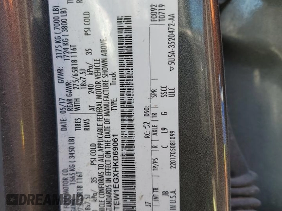 2017 Ford F-150 XL с VIN 1FTEW1EGXHKD69061, выставлен на аукционе Copart как лот 49399955 с пробегом 135 872 миль миль и На запчасти • Non repairable. История ставок и продаж доступна на DreamBid. Изображение 13.