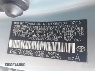 2012 Toyota Prius One z VIN JTDKN3DU8C5490705, wystawiony jako IAAI lot #42287933 z przebiegiem 206 821 mil mil oraz . Historia ofert i sprzedaży dostępna na DreamBid. Obrazek 9.