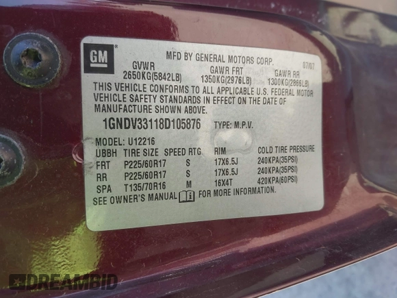 2008 Chevrolet Uplander 1LT z VIN 1GNDV33118D105876, wystawiony jako IAAI lot #41878958 z przebiegiem 229 212 mil mil oraz . Historia ofert i sprzedaży dostępna na DreamBid. Obrazek 9.