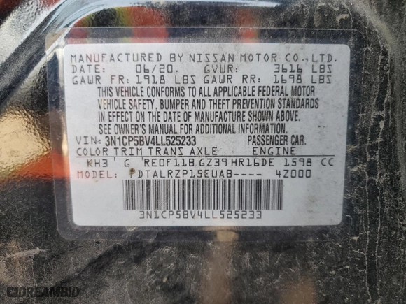 2020 Nissan Kicks S with VIN 3N1CP5BV4LL525233, listed as a Copart auction lot 42238825 with 160,060 mi miles and Salvage Title. Bid and sale history available at carsss.com. Image 12.