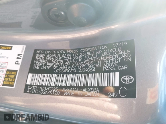 2020 Toyota Corolla SE with VIN JTDS4RCE0LJ039064, listed as a IAAI auction lot 41837450 with 80,528 mi miles and . Bid and sale history available at DreamBid. Image 9.