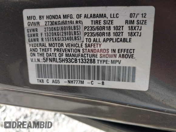 2012 Honda Odyssey Touring с VIN 5FNRL5H93CB133288, выставлен на аукционе IAAI как лот 42020622 с пробегом 184 077 миль миль и . История ставок и продаж доступна на DreamBid. Изображение 9.