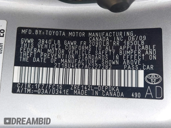 2010 Toyota Corolla with VIN 2T1BU4EE7AC227282, listed as a IAAI auction lot 42518170 with 178,595 mi miles and . Bid and sale history available at DreamBid. Image 9.