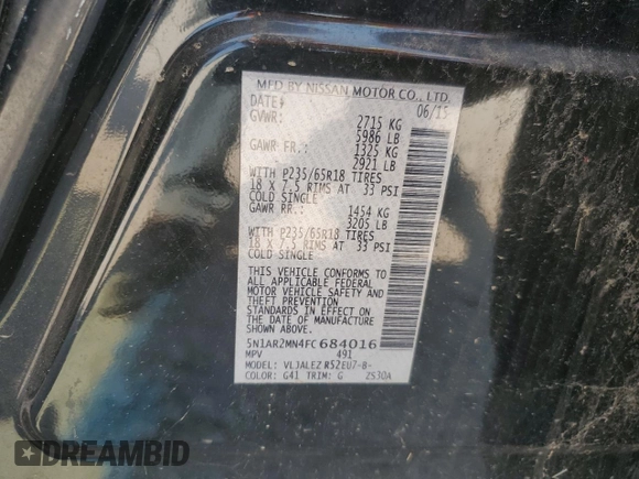 2015 Nissan Pathfinder S with VIN 5N1AR2MN4FC684016, listed as a Copart auction lot 60645035 with 133,702 mi miles and Clean title. Bid and sale history available at DreamBid. Image 12.