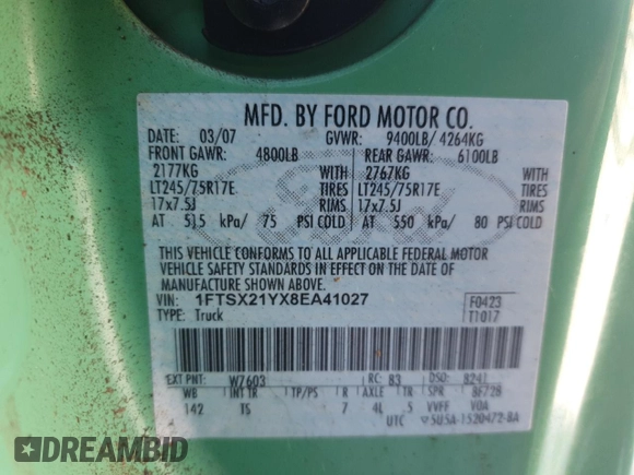 2008 Ford Super Duty F-250 SRW XL with VIN 1FTSX21YX8EA41027, listed as a Copart auction lot 45530625 with 87,934 mi miles and Salvage Title. Bid and sale history available at carsss.com. Image 12.