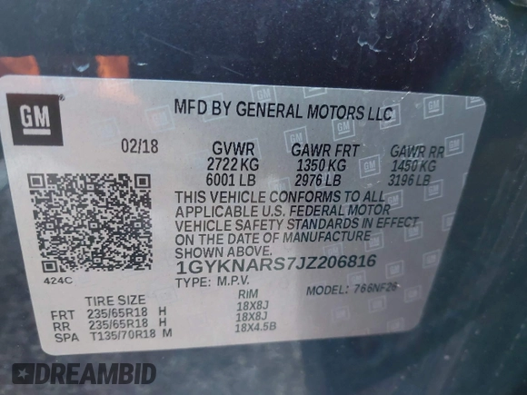 2018 Cadillac XT5 FWD with VIN 1GYKNARS7JZ206816, listed as a IAAI auction lot 42235546 with 94,125 mi miles and . Bid and sale history available at DreamBid. Image 9.