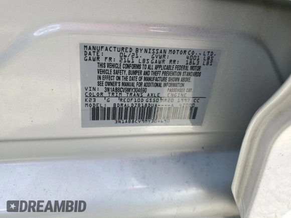 2021 Nissan Sentra SV with VIN 3N1AB8CV9MY304690, listed as a Copart auction lot 54015595 with 70,732 mi miles and Salvage Title. Bid and sale history available at DreamBid. Image 12.