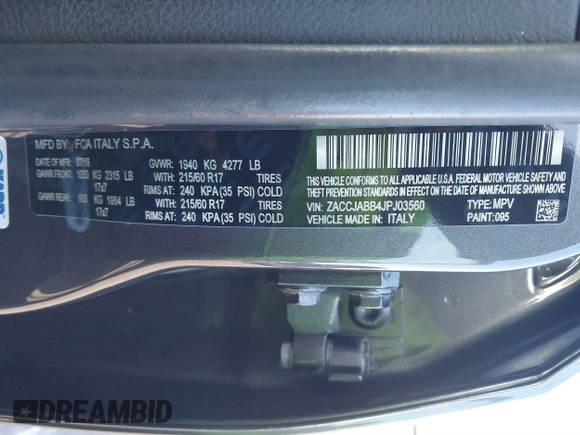 2018 Jeep Renegade Latitude with VIN ZACCJABB4JPJ03560, listed as a IAAI auction lot 41776537 with 72,504 mi miles and . Bid and sale history available at DreamBid. Image 9.