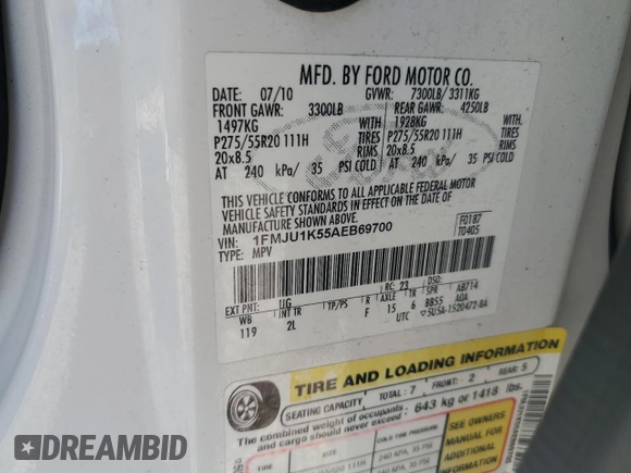 2010 Ford Expedition Limited with VIN 1FMJU1K55AEB69700, listed as a Copart auction lot 48839865 with 185,343 mi miles and Salvage title. Bid and sale history available at DreamBid. Image 13.