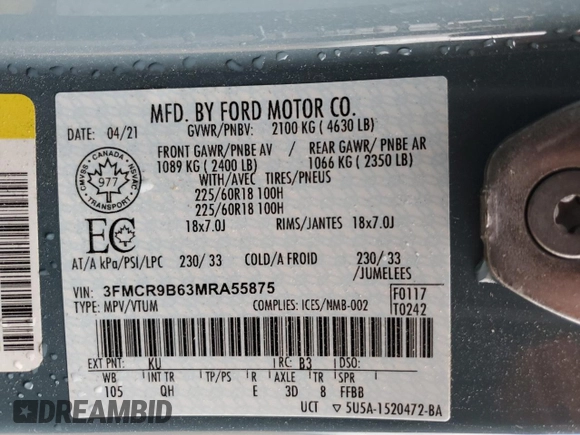 2021 Ford Bronco Sport Big Bend with VIN 3FMCR9B63MRA55875, listed as a Copart auction lot 57420925 with 55,606 mi miles and Salvage title. Bid and sale history available at DreamBid. Image 12.