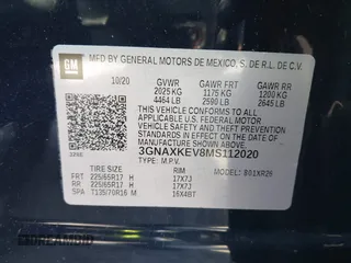 2021 Chevrolet Equinox LT with VIN 3GNAXKEV8MS112020, listed as a IAAI auction lot 41595341 with 16,161 mi miles. Bid and sale history available at carsss.com. Image 9.