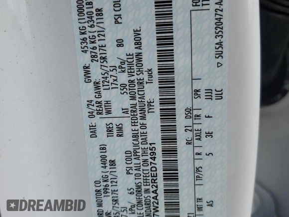 2024 Ford F-250 XL with VIN 1FT7W2AA2RED74951, listed as a Copart auction lot 48053505 with 14,104 mi miles and Salvage title. Bid and sale history available at DreamBid. Image 12.