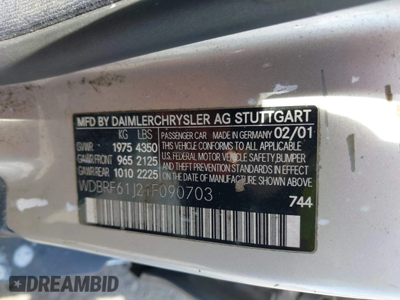 2001 Mercedes-Benz C 230/260/280/320 with VIN WDBRF61J21F090703, listed as a IAAI auction lot 39143746 with 123,812 mi miles and . Bid and sale history available at DreamBid. Image 9.