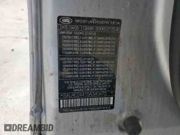 2005 Land Rover LR3 with VIN SALAE24415A340475, listed as a Copart auction lot 56736595 with 173,929 mi miles and Salvage title. Bid and sale history available at DreamBid. Image 12.
