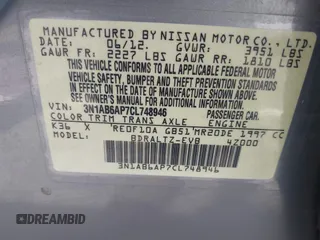 2012 Nissan Sentra SR with VIN 3N1AB6AP7CL748946, listed as a IAAI auction lot 42754308 with 91,406 mi miles and . Bid and sale history available at DreamBid. Image 9.