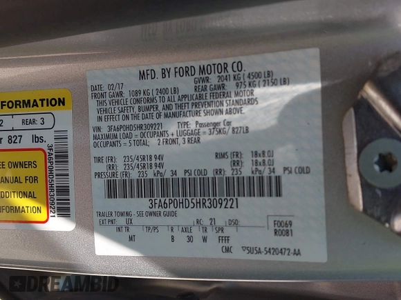 2017 Ford Fusion SE with VIN 3FA6P0HD5HR309221, listed as a IAAI auction lot 42667616 with 126,022 mi miles and . Bid and sale history available at DreamBid. Image 9.
