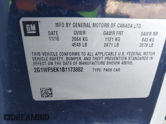 2011 Chevrolet Impala LS Fleet with VIN 2G1WF5EK1B1173882, listed as a IAAI auction lot 41566080 with 178,712 mi miles and . Bid and sale history available at DreamBid. Image 9.