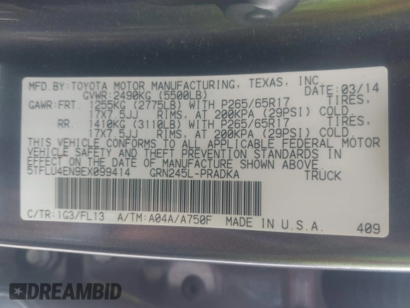2014 Toyota Tacoma with VIN 5TFLU4EN9EX099414, listed as a IAAI auction lot 40528514 with 122,827 mi miles. Bid and sale history available at carsss.com. Image 9.