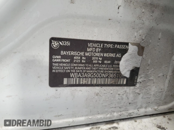 2013 BMW 3 Series 335i with VIN WBA3A9G50DNP36510, listed as a Copart auction lot 49109225 with 176,522 mi miles and Clean title. Bid and sale history available at DreamBid. Image 12.