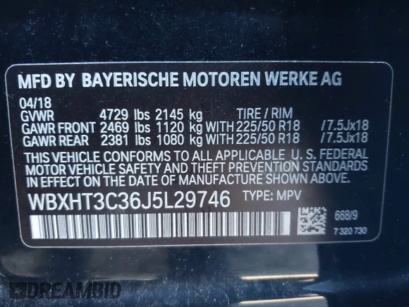 2018 BMW X1 xDrive28i with VIN WBXHT3C36J5L29746, listed as a IAAI auction lot 41547100 with 103,420 mi miles and . Bid and sale history available at DreamBid. Image 9.