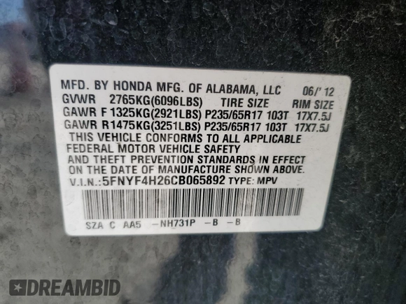 2012 Honda Pilot LX with VIN 5FNYF4H26CB065892, listed as a Copart auction lot 61004225 with 158,789 mi miles and Salvage title. Bid and sale history available at DreamBid. Image 13.