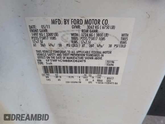 2011 Ford F-150 XL with VIN 1FTMF1CM8BKD62475, listed as a IAAI auction lot 41882476 with 149,095 mi miles. Bid and sale history available at carsss.com. Image 9.