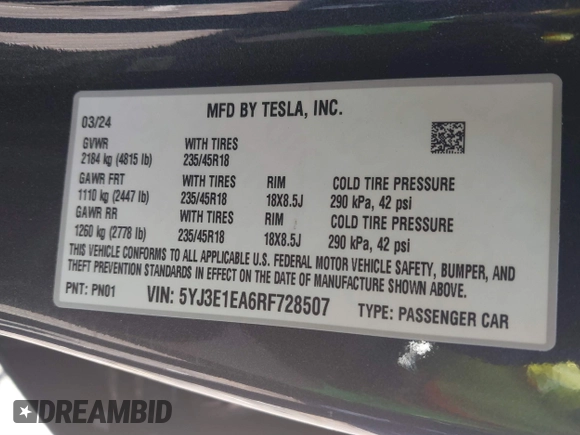 2024 Tesla Model 3 with VIN 5YJ3E1EA6RF728507, listed as a IAAI auction lot 41730403 with 17,563 mi miles and . Bid and sale history available at DreamBid. Image 9.