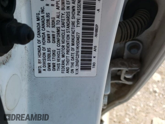 2019 Honda Civic LX with VIN 2HGFC2F61KH504677, listed as a Copart auction lot 66871514 with 88,385 mi miles and Salvage Title. Bid and sale history available at DreamBid. Image 12.