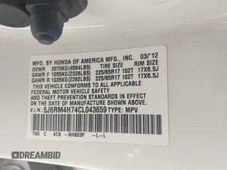 2012 Honda CR-V EX-L with VIN 5J6RM4H74CL043659, listed as a IAAI auction lot 42122926 with 135,594 mi miles and . Bid and sale history available at DreamBid. Image 9.