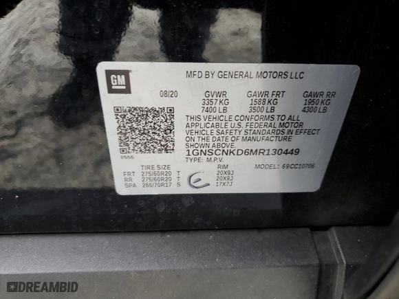 2021 Chevrolet Tahoe LT with VIN 1GNSCNKD6MR130449, listed as a Copart auction lot 83412174 with 60,598 mi miles and Salvage Title. Bid and sale history available at carsss.com. Image 13.
