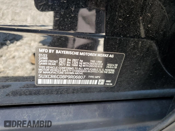 2023 BMW X5 xDrive40i with VIN 5UXCR6C08P9R06807, listed as a Copart auction lot 52030505 with 43,600 mi miles and Salvage title. Bid and sale history available at DreamBid. Image 15.
