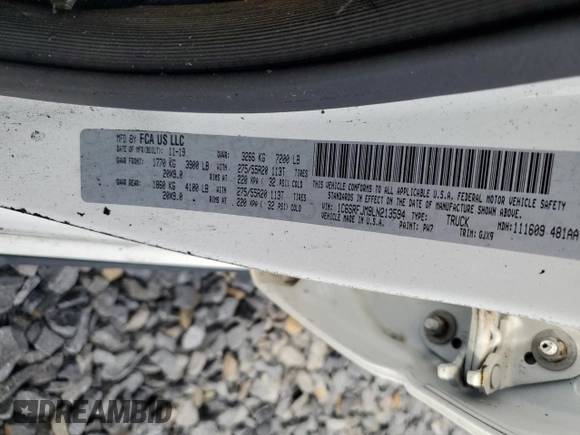 2020 Ram 1500 Laramie with VIN 1C6SRFJM9LN213594, listed as a Copart auction lot 61912715 with Not provided miles and Salvage title. Bid and sale history available at DreamBid. Image 12.