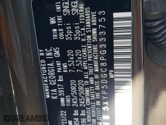 2023 Kia Telluride SX X-Line with VIN 5XYP5DGC8PG333753, listed as a Copart auction lot 43980934 with 12,673 mi miles and Salvage title. Bid and sale history available at DreamBid. Image 12.