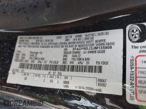 2018 Ford Fiesta SE z VIN 3FADP4BJ3JM135908, wystawiony jako IAAI lot #40003965 z przebiegiem Nie podano mil oraz . Historia ofert i sprzedaży dostępna na DreamBid. Obrazek 9.