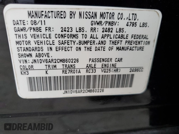 2012 Infiniti G25 Sedan x with VIN JN1DV6AR2CM860226, listed as a Copart auction lot 83296134 with 0 mi miles and Clean Title. Bid and sale history available at carsss.com. Image 14.