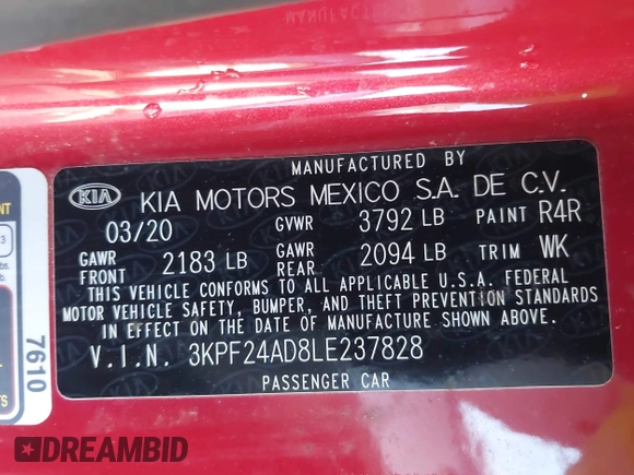 2020 Kia Forte LXS with VIN 3KPF24AD8LE237828, listed as a IAAI auction lot 41770807 with 58,971 mi miles. Bid and sale history available at carsss.com. Image 9.
