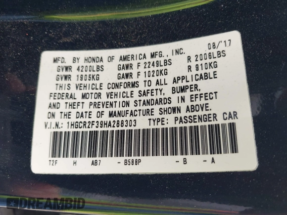 2017 Honda Accord Sedan LX with VIN 1HGCR2F39HA288303, listed as a IAAI auction lot 41929779 with 67,173 mi miles. Bid and sale history available at carsss.com. Image 9.