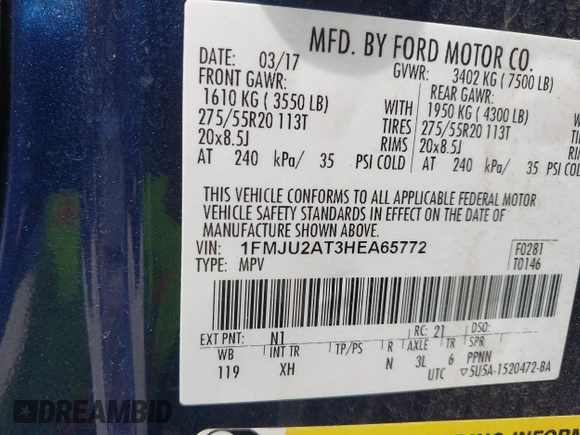 2017 Ford Expedition Limited с VIN 1FMJU2AT3HEA65772, выставлен на аукционе IAAI как лот 42301176 с пробегом 136 962 миль миль и . История ставок и продаж доступна на DreamBid. Изображение 9.
