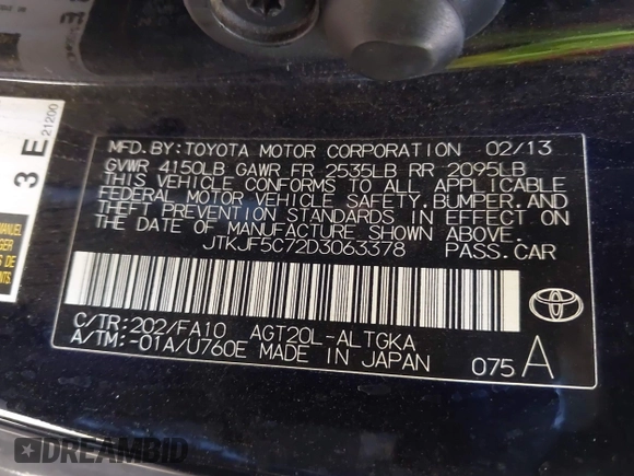 2013 Scion tC z VIN JTKJF5C72D3063378, wystawiony jako IAAI lot #42131820 z przebiegiem 223 088 mil mil oraz . Historia ofert i sprzedaży dostępna na DreamBid. Obrazek 9.