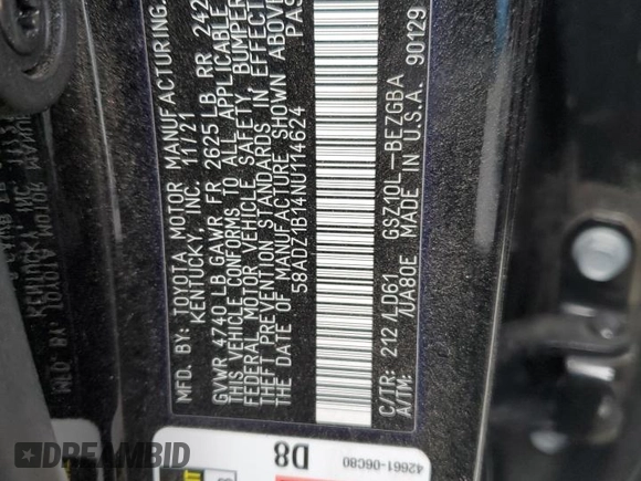 2022 Lexus ES 350 z VIN 58ADZ1B14NU114624, wystawiony jako Copart lot #53178885 z przebiegiem Nie podano mil oraz Szkody całkowita. Historia ofert i sprzedaży dostępna na DreamBid. Obrazek 13.
