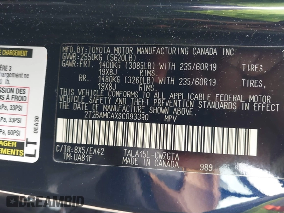 2025 Lexus RX 350 with VIN 2T2BAMCAXSC093390, listed as a IAAI auction lot 41843237 with 3,056 mi miles and . Bid and sale history available at DreamBid. Image 9.