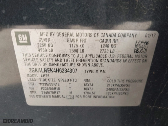 2017 GMC Terrain SLE with VIN 2GKALNEK4H6284307, listed as a IAAI auction lot 41541487 with 109,175 mi miles. Bid and sale history available at carsss.com. Image 9.