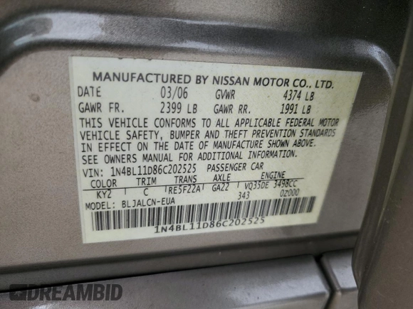 2006 Nissan Altima 3.5 SE with VIN 1N4BL11D86C202525, listed as a Copart auction lot 73638054 with 65,847 mi miles and Non Repairable. Bid and sale history available at carsss.com. Image 14.
