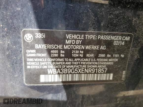 2014 BMW 3 Series 335i xDrive with VIN WBA3B9G5XENR91857, listed as a Copart auction lot 57070825 with 79,866 mi miles and Salvage title. Bid and sale history available at DreamBid. Image 12.