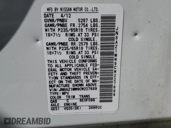 2012 Nissan Murano S with VIN JN8AZ1MW9CW227689, listed as a Copart auction lot 55667485 with 81,568 mi miles and Salvage Title. Bid and sale history available at DreamBid. Image 13.
