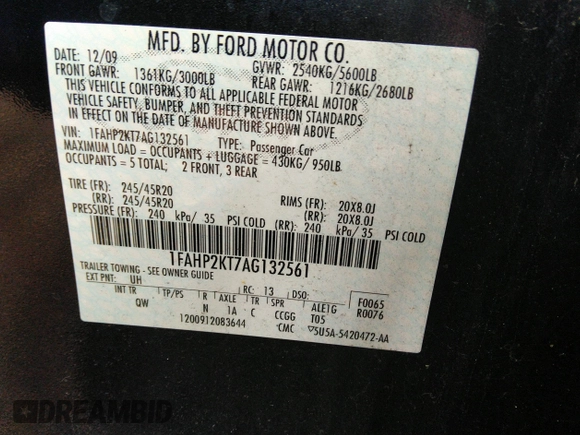 2010 Ford Taurus SHO with VIN 1FAHP2KT7AG132561, listed as a IAAI auction lot 31602484 with 118,333 mi miles and . Bid and sale history available at DreamBid. Image 9.
