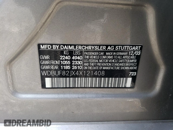 2004 Mercedes-Benz E-Class 3.2L with VIN WDBUF82JX4X121408, listed as a Copart auction lot 44961845 with 191,778 mi miles and Salvage Title. Bid and sale history available at carsss.com. Image 13.