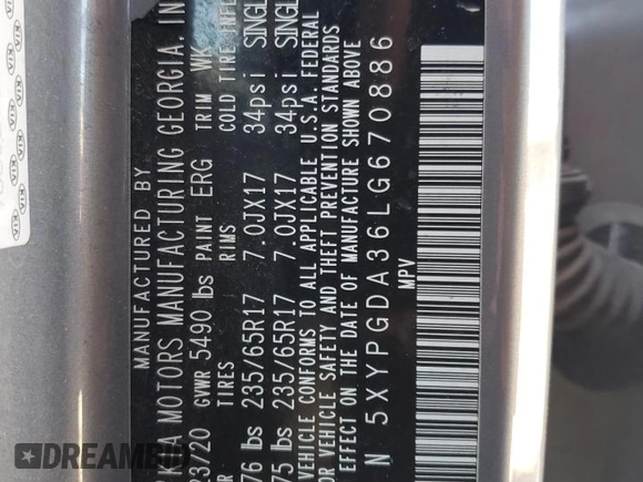 2020 Kia Sorento LX with VIN 5XYPGDA36LG670886, listed as a Copart auction lot 41911935 with 72,970 mi miles and Salvage Title. Bid and sale history available at DreamBid. Image 15.